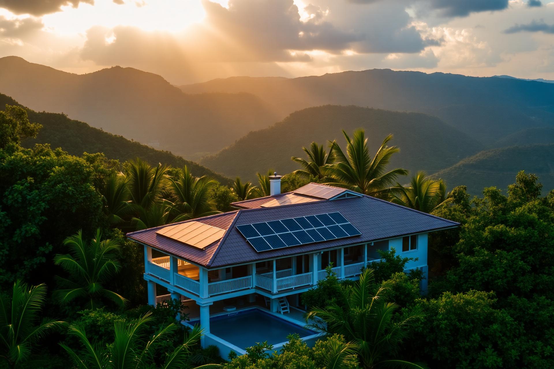 Solar panels on a modern Jamaican home overlooking the mountains at golden hour